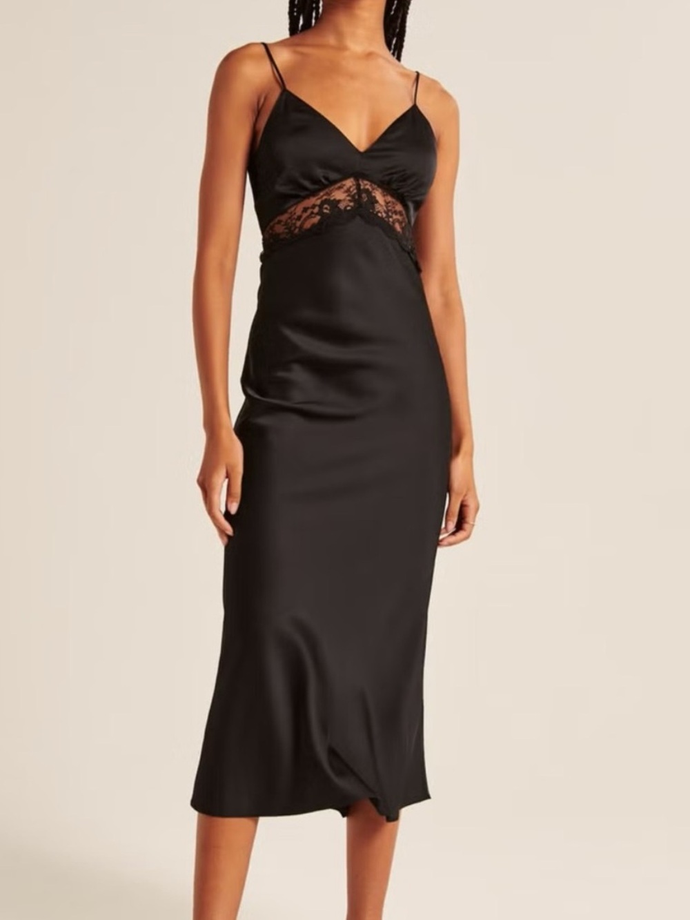 Abercrombie & Fitch Black Satin Lace-Panel Midi Slip Skirt